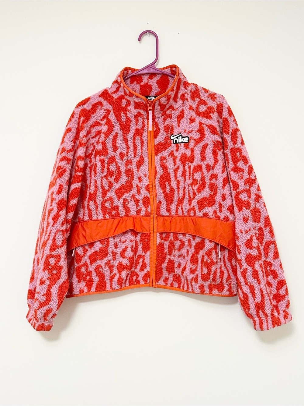 Nike Pink Leopard Patterned Sherpa Fleece Jacket Orange Trim Retro Women's Small